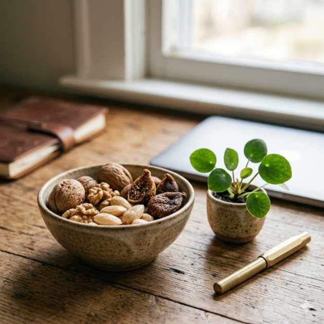 the mid-day reset with a wholesome small bowl of walnuts, soaked almonds, and dark, sun-dried figs to invite your mind back to work.